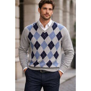 Enzo Mantovani Made In Italy V-Neck Argyle Pullover 100% Cashmere Sweater Size L